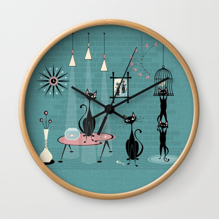 Mid Century Kitty Mischief - ©studioxtine Wall Clock
