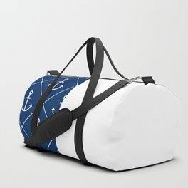 White Anchors on Navy Blue and White Vertical Split Duffle Bag