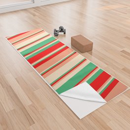 [ Thumbnail: Red, Sea Green, Bisque & Light Salmon Colored Lines/Stripes Pattern Yoga Towel ]