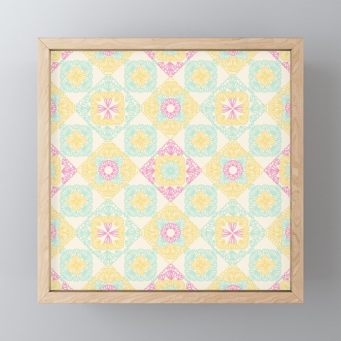 Pink, yellow and turquoise granny squares over cream Framed Mini Art Print