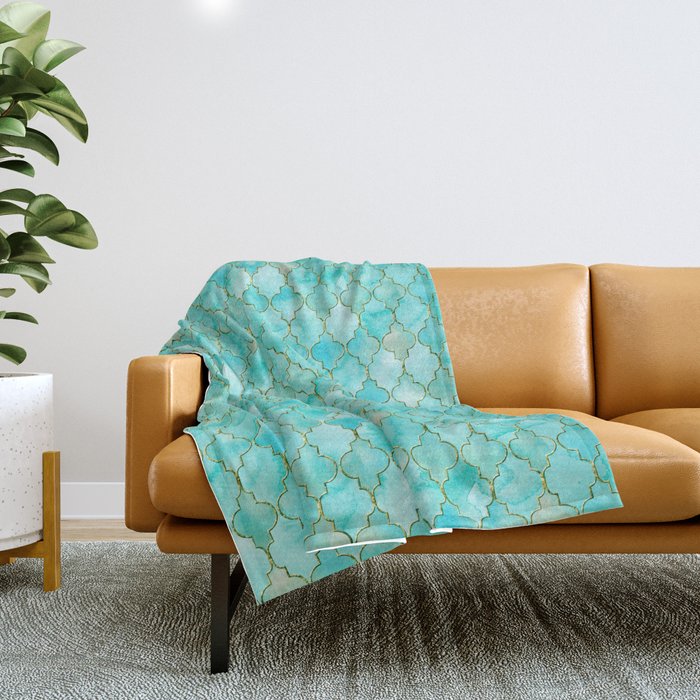 Luxury Aqua Teal and Gold oriental quatrefoil pattern Throw Blanket
