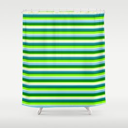 [ Thumbnail: Vibrant Chartreuse, Light Yellow, Sky Blue, Teal, and Green Colored Lined Pattern Shower Curtain ]