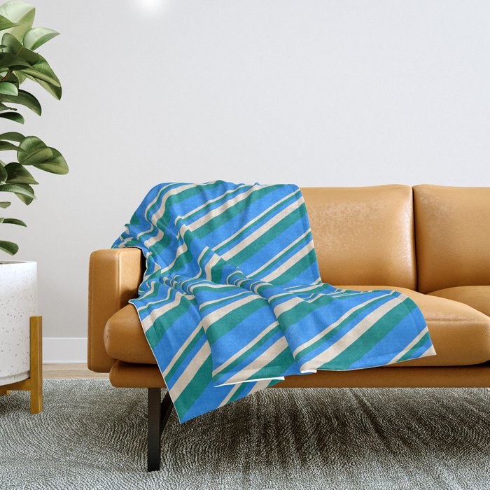 Beige, Dark Cyan, and Blue Colored Lined Pattern Throw Blanket