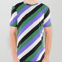 [ Thumbnail: Sea Green, Medium Slate Blue, White & Black Colored Striped/Lined Pattern All Over Graphic Tee ]