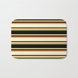 [ Thumbnail: Coral, Light Yellow, Green, and Black Colored Lined/Striped Pattern Bath Mat ]