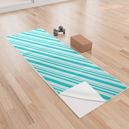 [ Thumbnail: Dark Turquoise & Light Cyan Colored Pattern of Stripes Yoga Towel ]