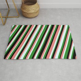 [ Thumbnail: Forest Green, Black, Light Coral & Light Cyan Colored Stripes/Lines Pattern Rug ]