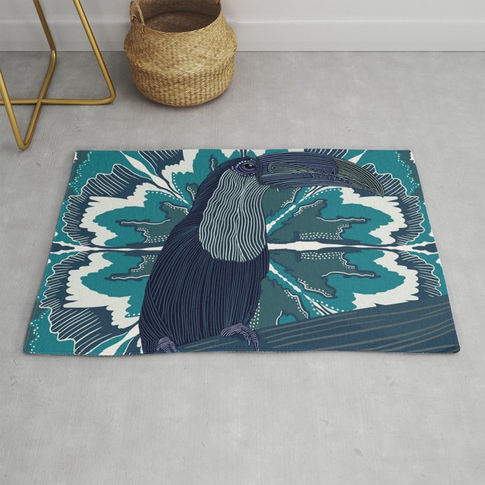 Toucan sitting on a abstract blue flower leaf design Rug