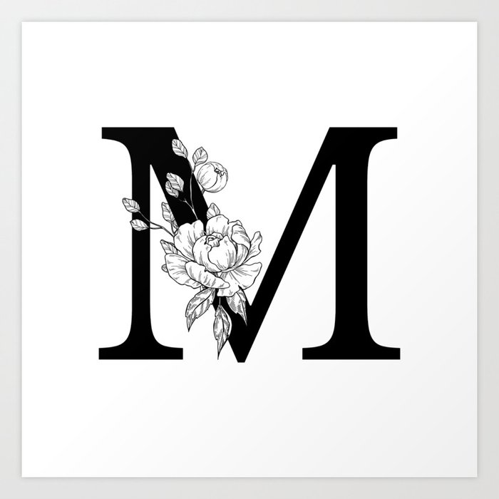 Floral monogram letter M. Initial alphabet with botanical elements
