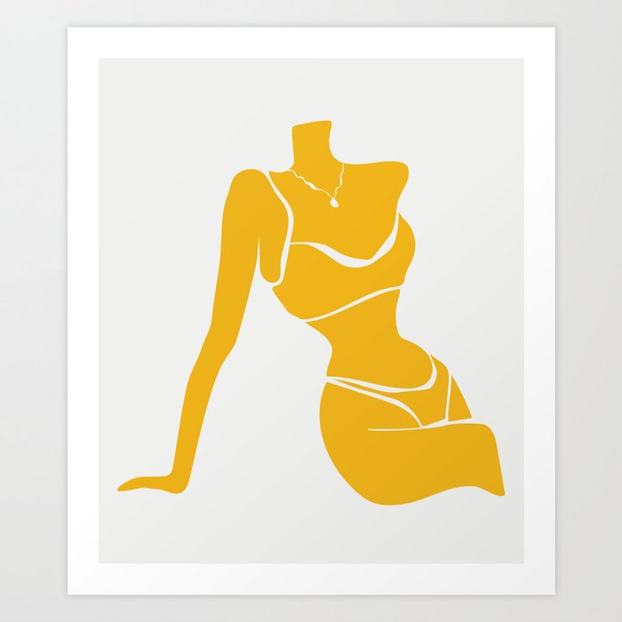 Sitting woman with bikini in yellow colour | Abstract art print | Graphic design figurative Art Print
