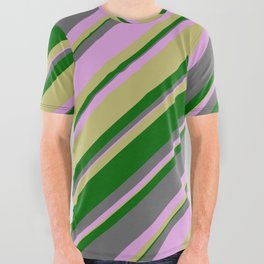 [ Thumbnail: Dim Grey, Plum, Dark Khaki & Dark Green Colored Striped/Lined Pattern All Over Graphic Tee ]