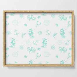 Mint Blue Silhouettes Of Vintage Nautical Pattern Serving Tray