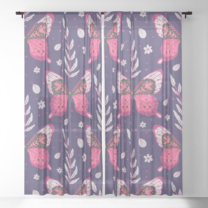 Wine Colored Butterflies on Blue Sheer Curtain