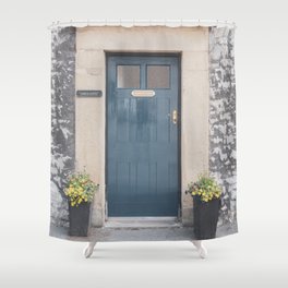 Retro teal door Lower cliff cottage art print - summer England travel photography Shower Curtain