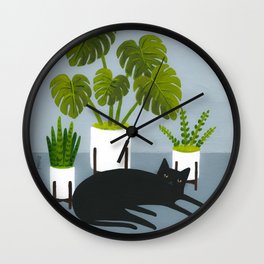 Black Cat With Potted Plants Wall Clock