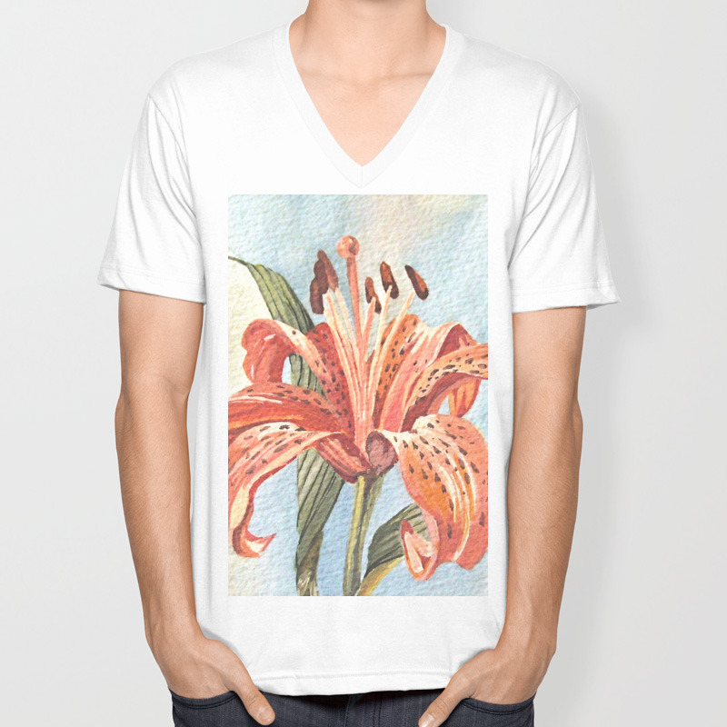Orange Tiger Lily Watercolor Painting Unisex V Neck By
