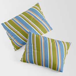 [ Thumbnail: Light Salmon, Green, White, and Blue Colored Striped Pattern Pillow Sham ]