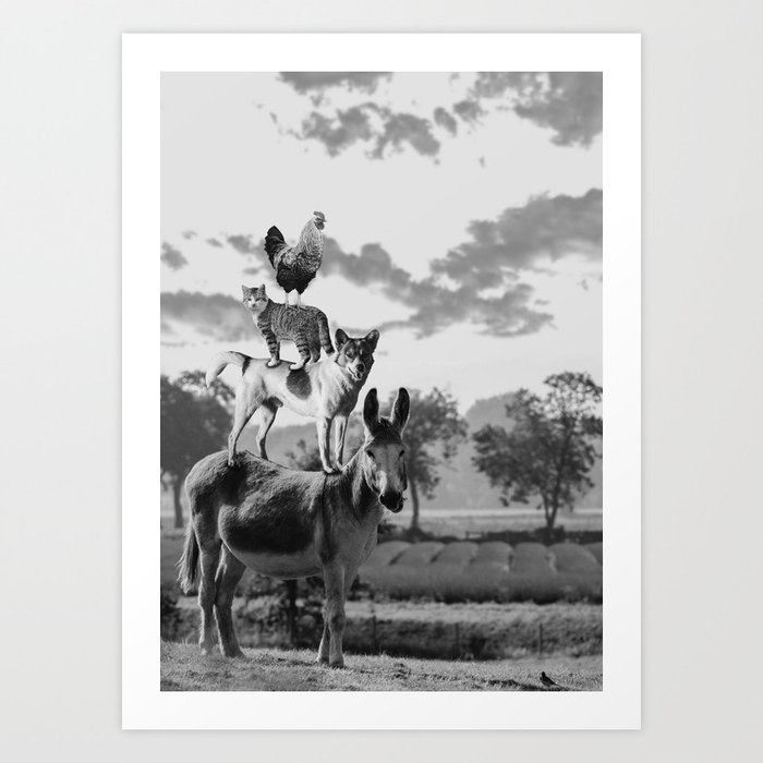 Chicken, cat, dog, donkey pig pile funny humorous portrait black and white photograph Art Print
