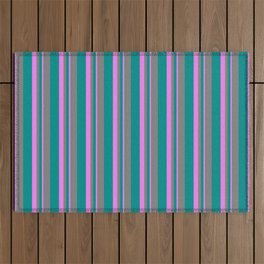 [ Thumbnail: Dark Cyan, Grey, and Violet Colored Stripes/Lines Pattern Outdoor Rug ]