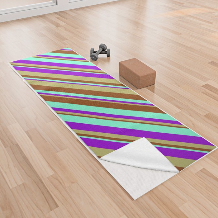 Aquamarine, Dark Violet, Dark Khaki, and Brown Colored Stripes/Lines Pattern Yoga Towel