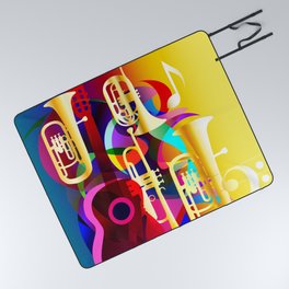 Colorful music instruments with guitar, trumpet, musical notes, bass clef and abstract decor Picnic Blanket