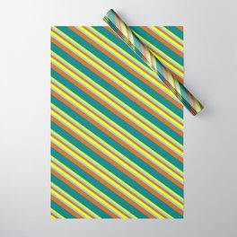 [ Thumbnail: Yellow, Light Sky Blue, Chocolate & Teal Colored Pattern of Stripes Wrapping Paper ]