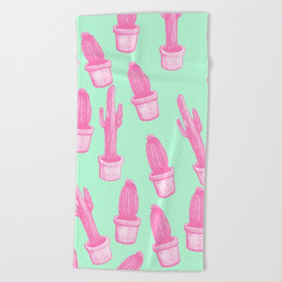 cactus pink and blue Beach Towel