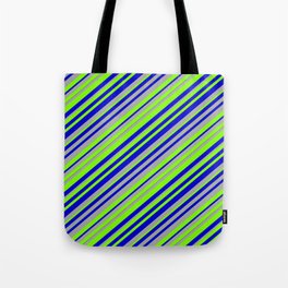 [ Thumbnail: Chartreuse, Blue, and Dark Gray Colored Lined Pattern Tote Bag ]