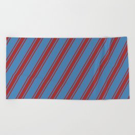 [ Thumbnail: Blue & Brown Colored Striped Pattern Beach Towel ]