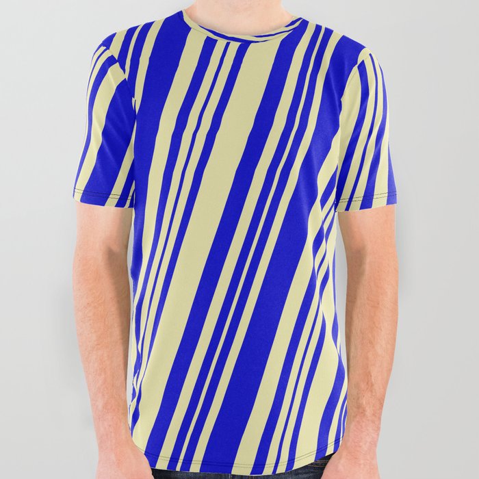 Pale Goldenrod & Blue Colored Lines/Stripes Pattern All Over Graphic Tee