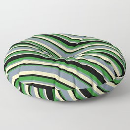 [ Thumbnail: Light Slate Gray, Beige, Black, and Forest Green Colored Lined Pattern Floor Pillow ]