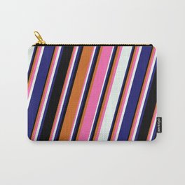 [ Thumbnail: Chocolate, Hot Pink, Mint Cream, Midnight Blue & Black Colored Lines/Stripes Pattern Carry-All Pouch ]