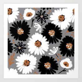Black White Caramel Floral Pattern Art Print