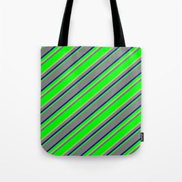 [ Thumbnail: Lime, Tan, Grey & Dark Blue Colored Lined/Striped Pattern Tote Bag ]