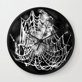 Spider's web with morning dew nature portrait black and white photograph - photography - photographs Wall Clock