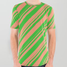 [ Thumbnail: Lime Green & Light Salmon Colored Striped/Lined Pattern All Over Graphic Tee ]