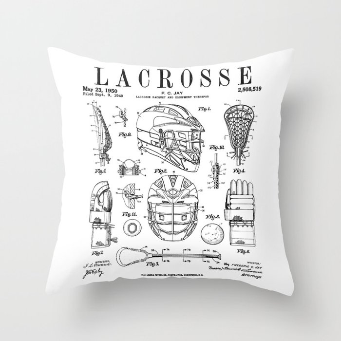 Lacrosse Player Equipment Vintage Patent Drawing Print Throw Pillow