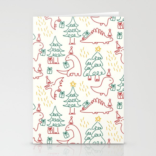 Cute Cartoon Christmas Santa Claus Dinos Sending Gifts (Beige) Stationery Cards