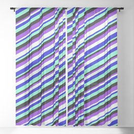 [ Thumbnail: Vibrant Blue, Aquamarine, Black, Purple, and Mint Cream Colored Lined Pattern Sheer Curtain ]