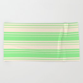 [ Thumbnail: Light Green and Beige Colored Stripes/Lines Pattern Beach Towel ]