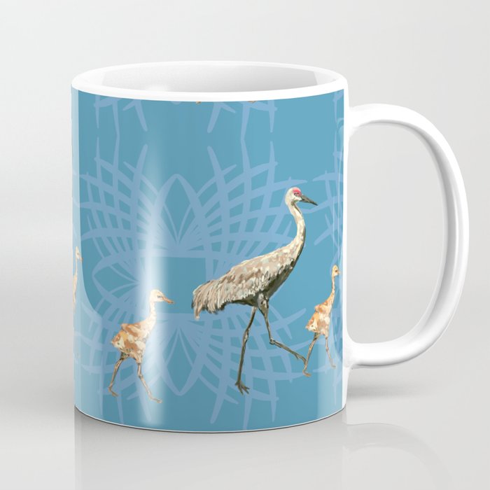 Sandhill Cranes with Babies Pattern Blue Coffee Mug