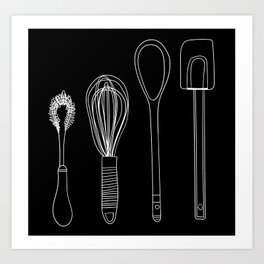black and white line art baking utensils Art Print