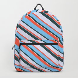 [ Thumbnail: Red, Light Sky Blue, Dark Slate Gray, and Lavender Colored Pattern of Stripes Backpack ]
