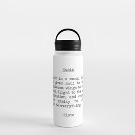 Music is a moral law- it gives soul to the universe, beautiful Plato Quote, minimalist typewriter  Water Bottle