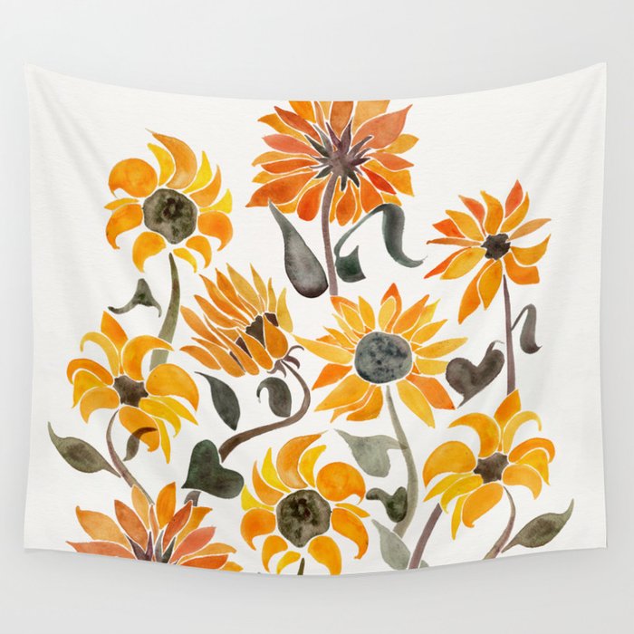 Sunflower Watercolor – Yellow & Black Palette Wall Tapestry