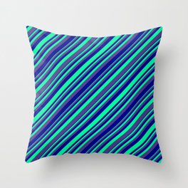 [ Thumbnail: Green, Dark Slate Blue & Dark Blue Colored Lined/Striped Pattern Throw Pillow ]