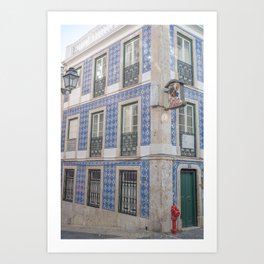 Blue azulejos on a corner building in Alfama, Lisbon, Portugal - street and travel photography Art Print