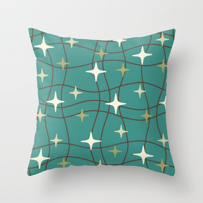 Mid Century Modern Cosmic Star Pattern 693 Teal Green Beige and Brown Throw Pillow
