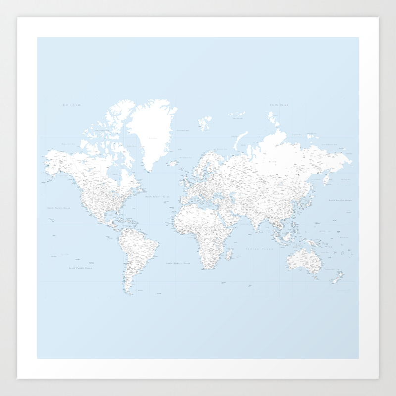 World Map Highly Detailed In Light Blue And White Square Art Print By Blursbyaishop Society6