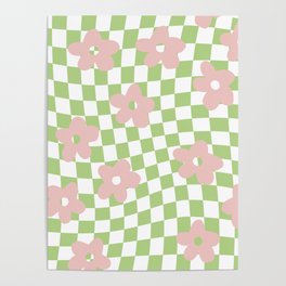 Retro Lime Green and Pastel Pink Checkerboard Flowers Poster
